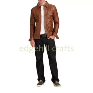 Men's Genuine Lambskin Leather Jacket Slim Fit DISTRESSED BROWN Biker Shirt - Picture 1 of 5