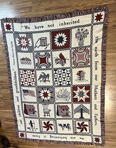 Bob Timberlake’s Throw Blanket Tapestry Red Native American Saying Fringe Woven - Picture 1 of 7