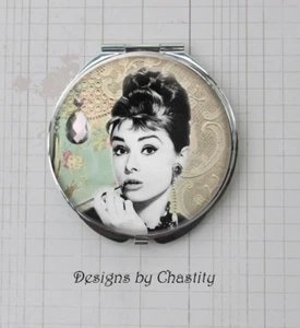 Audrey Hepburn Compact Mirror Pocket Travel Floral Altered Mixed Art FloraL - Picture 1 of 2