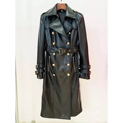 TODAS LAS TALLAS Gabardina Larga Negra Doble Pecho con Cinturón y Botones Dorados Foto 1 de 4