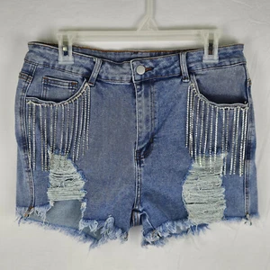 Women Mid Rise Ripped Stretchy Jeans Frayed Raw Hem Casual Tassels Denim Shorts - Picture 1 of 11