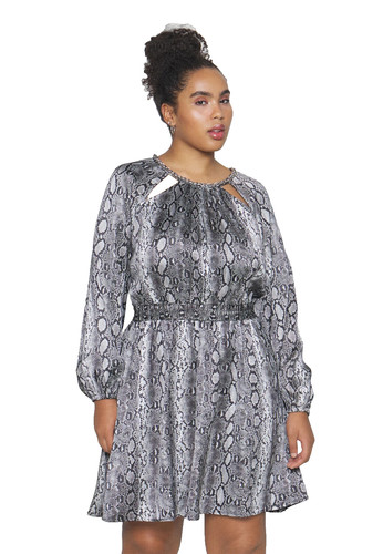 Mini Abito Donna Michael Kors Nero Pelle di Serpente Stampa Catena Scollo Taglia S