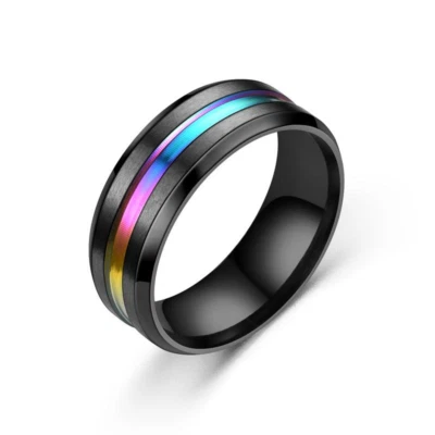 8 mm Black Stainless Steel Multicolor Inlay Engagement Wedding Ring Sizes 7 - 12 - Image 1 of 3