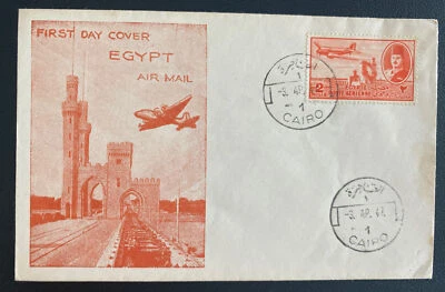1947 Cairo Egipto Primer Día Cubierta FDC Correo Aéreo Egipcio Naranja Foto 1 de 2
