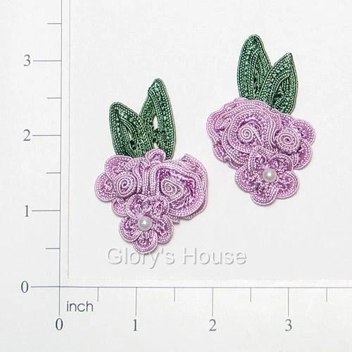 E3604 PAR DE APLIQUES FLORALES DE GANCHILLO LAVANDA 2,25" Foto 1 de 1