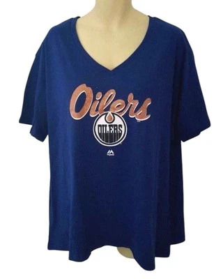 EDMONTON OILERS Womens T Shirt Size 1X Blue Orange Sparkle Logo Majestic New - Image 1 of 4