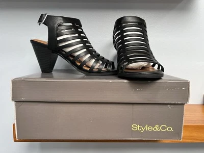 STYLE & Co NIB Haileyy Caged Black Heeled Dress Sexy Sandals SIZE 6.5M Women NEW - Image 1 of 4