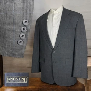 Lands End USA Made Sport Coat Mens 42R Gray Plaid Blue Check Wool Two Buttons - Picture 1 of 10