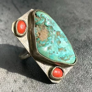 Vintage Sterling Silver Turquoise Coral Ring Southwest Handmade Signed Size 8 - Picture 1 of 5