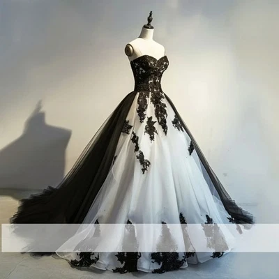 Белый и черный кружева аппликации без бретелек свадебные платья пола длины шнурует вверх - Изображение 1 из 4