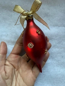 Red Blown Glass w/Gold Bead Accents Drop Christmas Ornament 5” Vintage Satin - Picture 1 of 6