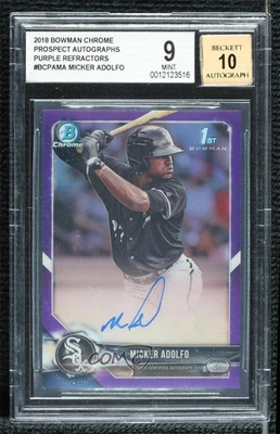 2018 Bowman Chrome Prospect Purple Refractor /250 Micker Adolfo BGS 9 MINT Auto - Image 1 of 2