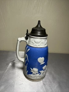 Antique 1873 Rare Blue Cattail Stoneware Syrup Pitcher Bennett's Metal Lid - Picture 1 of 16