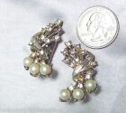 Clip Earrings, Faux Pearl, Round & Baguette Rhinestone Spray, Elegant Vintage  