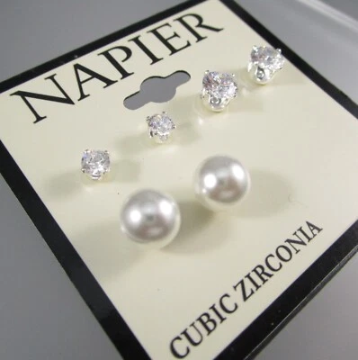 Новый NAPIER серебристого тона 3 пары изящный CZ гвоздики искусственного жемчуга post серьги 65N - Изображение 1 из 4