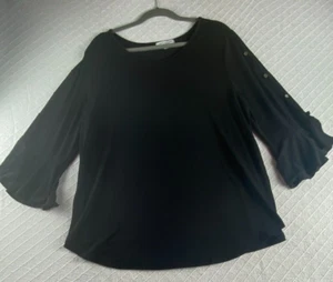 Green Envelope Women’s 2X Black Scoop Neck Stretch Top Button Sleeve Flowy Arms - Picture 1 of 9