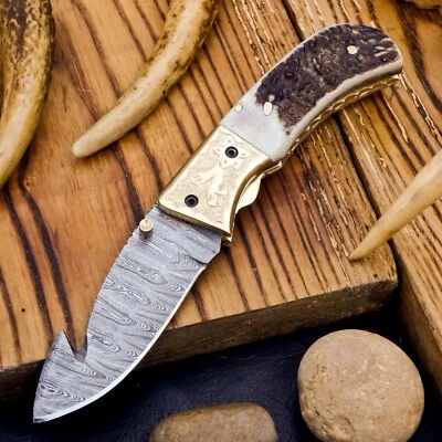 SHARD Hand Forged Damascus Pocket Knife Folding Gut Hook Blade Antler Handle - Image 1 of 4