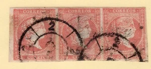 ESPAÑA 1855 EDIFIL 48 (TIPO B III) TIRA DE 3 USADO RUEDA DE CARRETA 2 BARCELONA - Imagen 1 de 2