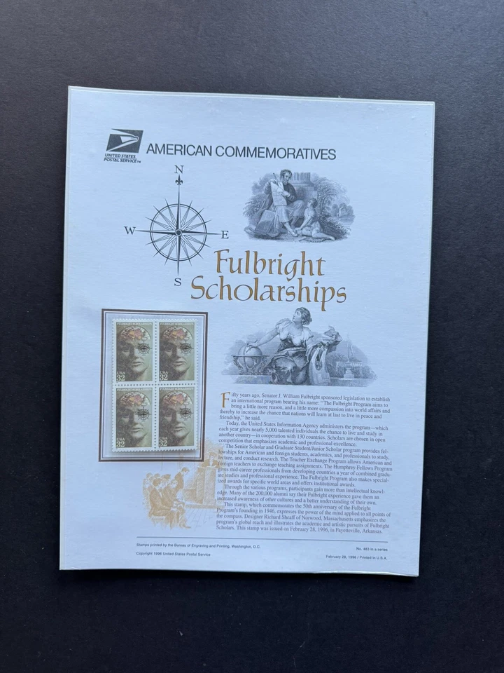 US 1996 Commemorative Panel (483) Fulbright Scholarship #3065 MNH +Info Panel - Image 1 of 1