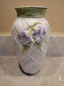 Vintage Ceramic Vase Basket Weave Design Pansie Portugal Loucarte - Picture 1 of 7