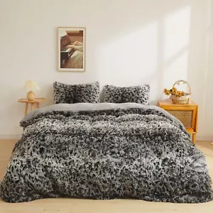 Leopard Print Fluffy Faux Fur Duvet Cover Set, 3 Pieces Soft Plush Shaggy Fuzzy - Picture 1 of 7