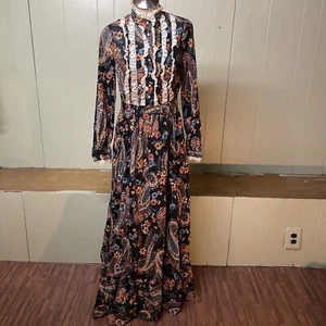 Vintage 1970's 70s Denise L Paisley Lace Prairie Hippie Cotton Maxi Dress 11/12 - Picture 1 of 10