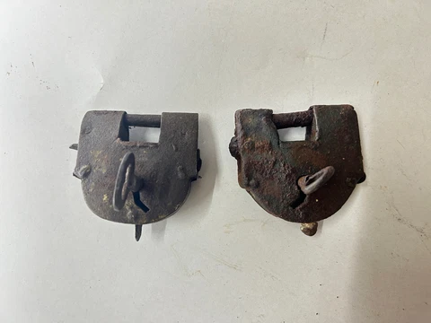 19th C Iron Primitive Padlock lock w/ key RARE & EARLY old or antique Set Of 2 Cover