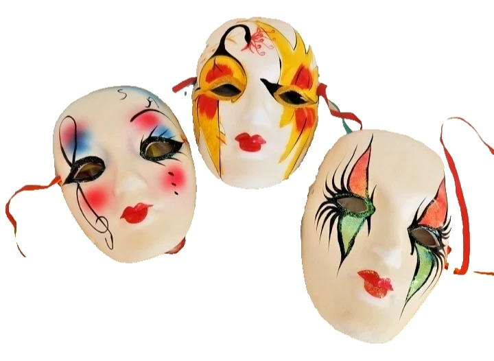 Lote de 3 Máscaras Decorativas Cerámicas Estilo Mardi Gras Pintadas a Mano Hechas en China Foto 1 de 1
