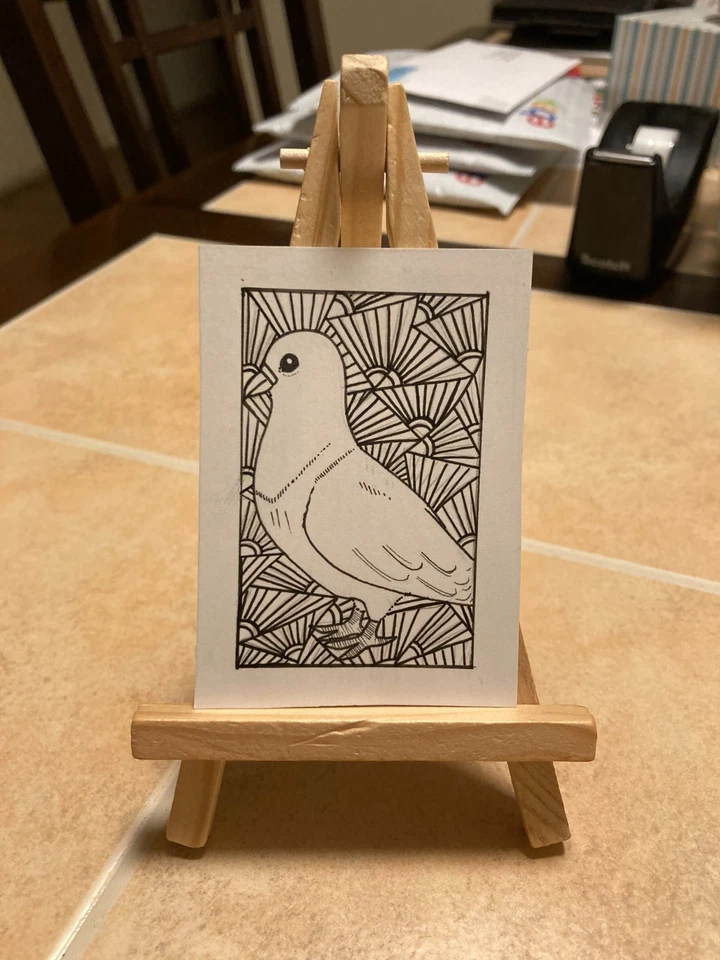 ACEO Original Art Painting Miniature card OOAK Mini ATC Pigeon Zentangle #366 - Image 1 of 1