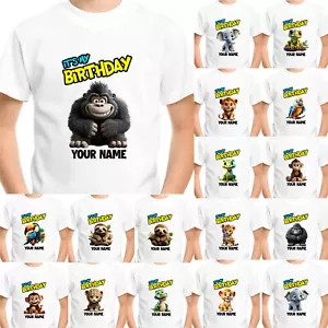 Cute Animals Personalised T-shirt Kids Jungle Zoo Birthday Children Boys Tee Top - Picture 1 of 36