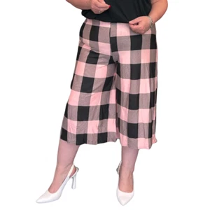 WOMENS LADIES PLUS SIZE BLACK PINK SQUARE CHECK ELASTIC WAIST CULOTTES / SHORTS - Picture 1 of 3