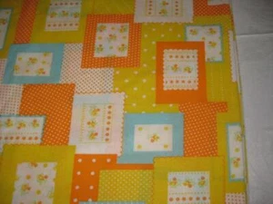 VTG 5YD Flannel Cotton Fabric Floral Polka Dots Orange Yellow Aqua Patchwork 70s - Picture 1 of 12