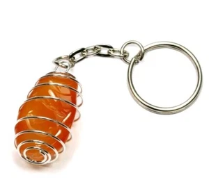 Carnelian Spiral Cage Natural Rough Crystal Gemstone Chakra Keyring - Picture 1 of 2