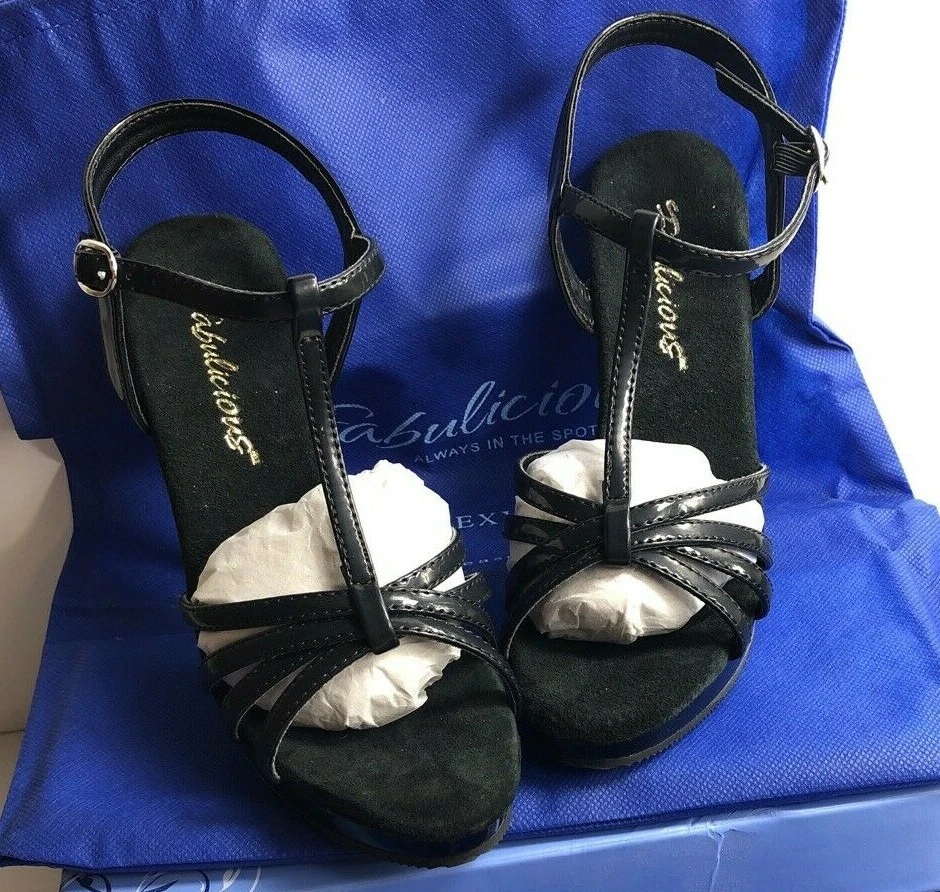 Fabulicious 4.5" Heel Mini Platform Patten Black Strap Sandals Size 6  - Image 1 of 4