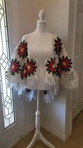 Vtg Handmade Christmas Crochet Fringed Poncho Boho Hippie Shawl - Picture 1 of 24