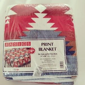 Vtg Pillowtex Blanket Twin/Full Southwestern Tribal Polyester Bld Red Blue NOS - Picture 1 of 6