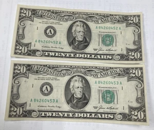 Two 1985 US $20 Banknote Consecutive Serial number AU A84260453A/52 KM#3739 - Picture 1 of 7