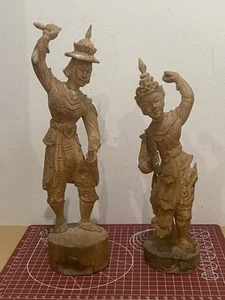Vintage Thai Hand Carved Wood Statues Traditional Dancers Southeast Asian Art - Picture 1 of 11