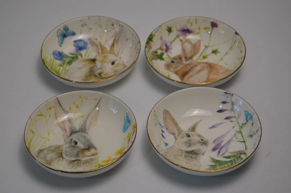 4 Williams Sonoma Floral Prado Conejito Dip Bowl Nuevo Con Etiquetas Nuevo Pascua Primavera Conejo Foto 1 de 4