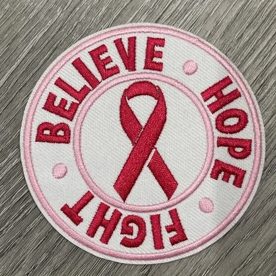 Breast Cancer Ribbon Believe Hope Fight Patch Embroidered Iron 3.75x3.75 Inch - Image 1 of 4