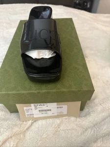 GUCCI BLACK Rubber Logo Platform Block Heel Slide Sandal Size EU 39 - Picture 1 of 4