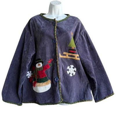 Vintage 80s Velour Christmas Jacket Size XL Snowman Sled Applique Tacky kitschy - Imagem 1 de 4