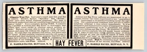 Advertising Print Ad 1903 P Harold Hayes Buffalo NY Asthma Hay Fever - Picture 1 of 1