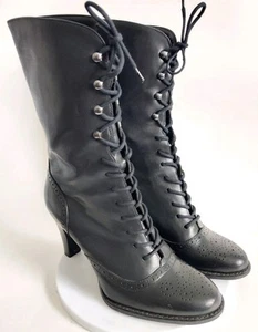 White Mountain Victorian Leather Block Heel Lace Up Mid-Calf Boots Black Size 7M - Picture 1 of 9