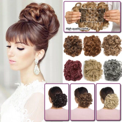 100% Real THICK Curly Chignon Messy Bun Updo Cover Clip in Hair Piece Extensions - Image 1 of 4