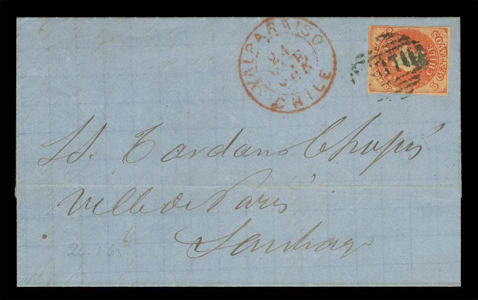CHILE 1865 COLUMBUS 5c оранжевый красный Sc # 9b cxl «INUTIL» на FL fr/ VAL. в Сантьяго - Изображение 1 из 2