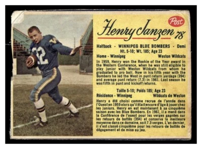 1963 Post Cereal CFL Fútbol Henry Janzen #78 Winnipeg Blue Bombers Bajo Grado Foto 1 de 2