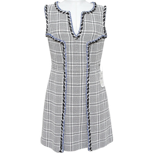 Abito CHANEL tweed bianco blu senza maniche bordo a quadri cambio argento CC taglia 42 nuovo con etichette