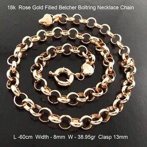 Gold Bolt Ring Necklace Real 18kt Rose Filled Solid Belcher Rolo Chain 60cm 24" - Picture 1 of 4