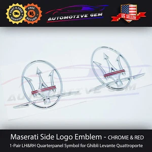 Maserati Logo Lateral Emblema LH&RH Cromo Línea Roja Cuarto Panel Insignia Adhesivo NUEVO - Imagen 1 de 2
